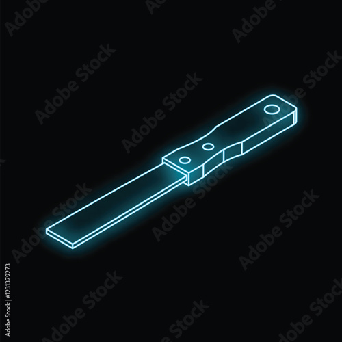 Neon glowing chisel with wooden handle floating on dark background, isometric view