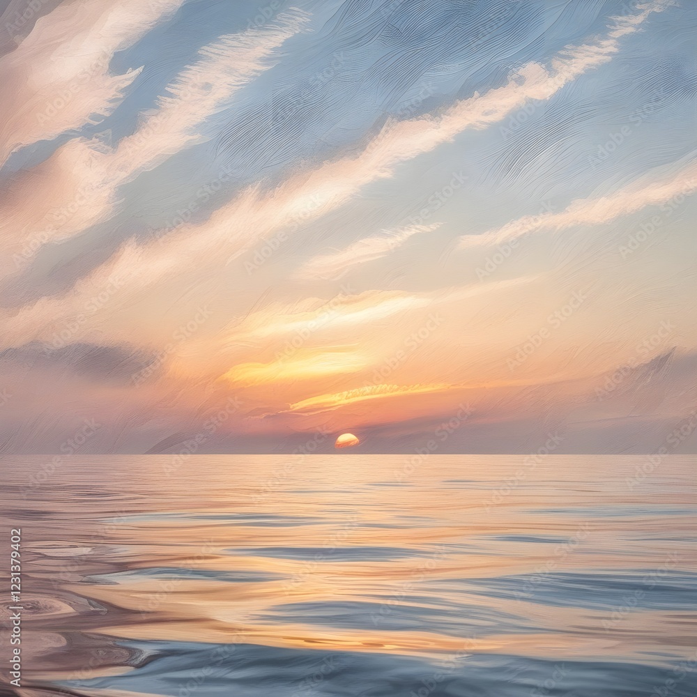 Sunset over a calm ocean captures the serenity of the horizon, with soft clouds streaked across the sky. Warm hues of orange and blue reflect off the water, creating a peaceful and tranquil scene.