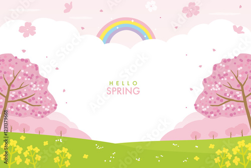 Cherry blossom and canola flower, rainbow background illustration, beautiful spring landscape.