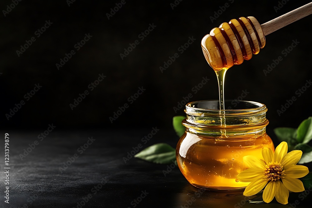 Flower honey flows down from wooden dipper into glass jar on black background. Flower honey flows down from wooden dipper into glass jar on black background.