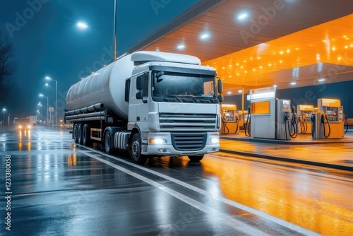 Truck at Night Refueling at a Gas Station with Illuminated Fuel Pumps and Reflections photo