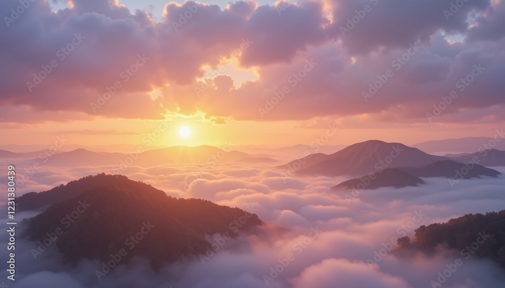 Obraz premium Sunrise illuminating misty mountains and clouds, tranquil beauty