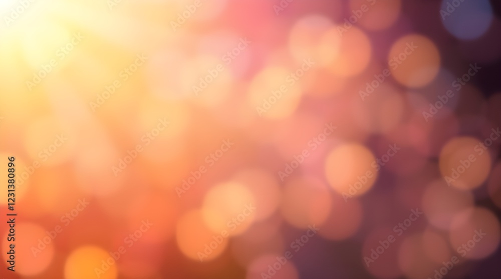 Fototapeta premium Background image, A warm, glowing blur of colorful bokeh lights creates a soft and dreamy atmosphere. Radiant yellows, oranges, and purples gently blend, evoking a sense of calm and wonder.