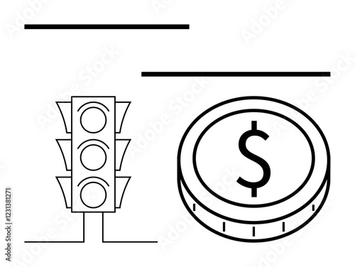 Traffic light alongside a coin with a dollar sign conveys financial decision-making, priorities, and budgeting. Ideal for finance, economy, savings, investments, choices, entrepreneurship abstract