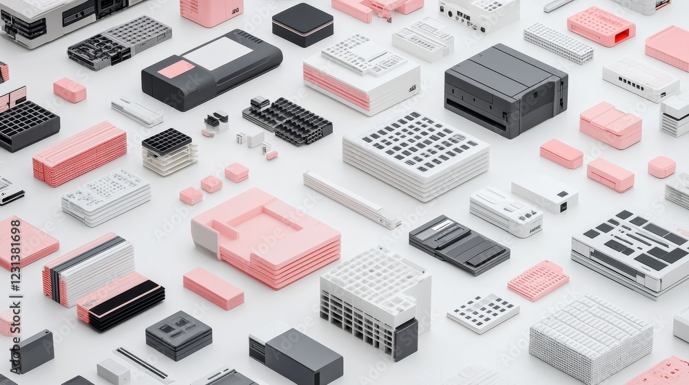 Abstract arrangement of pink and gray miniature electronic components Abstract arrangement of pink and gray miniature electronic components