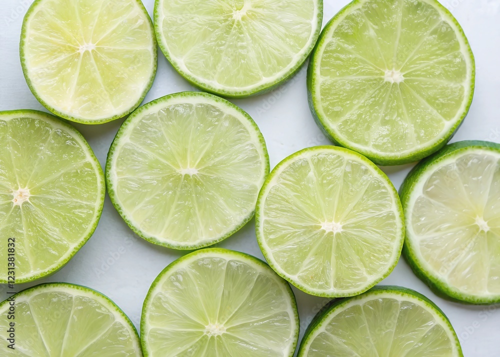 Sliced Fresh Limes Arranged in a Neat Pattern on Light Background Sliced Fresh Limes Arranged in a Neat Pattern on Light Background