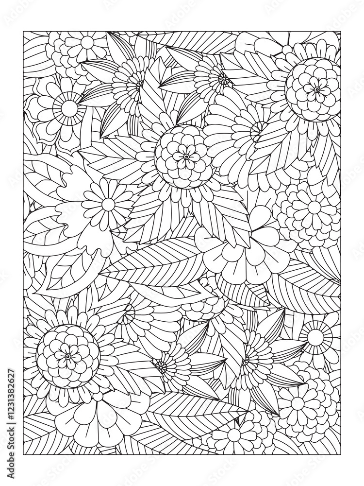 Fototapeta premium Flower pattern. Vector doodle flowers in black and white. Page adult coloring book. Coloring Flower Page. Books for adults.