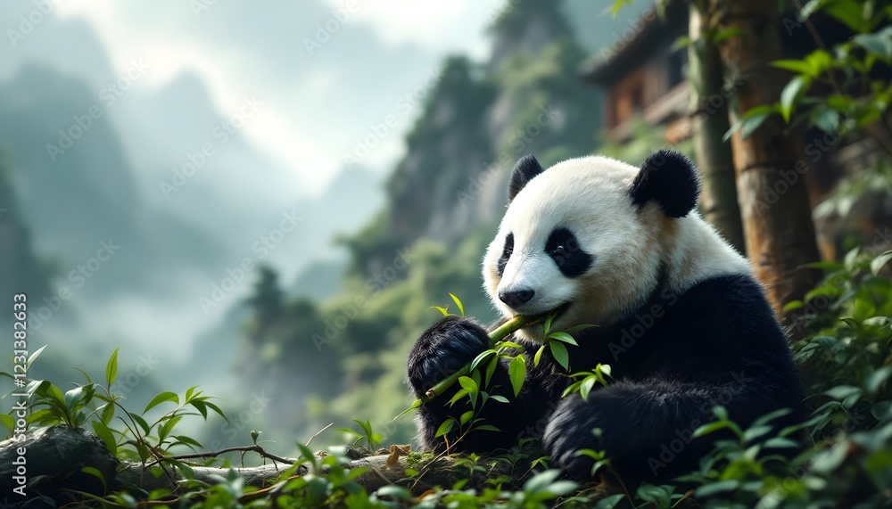 Obraz premium Adorable Panda Eating Bamboo in Misty Mountain Landscape