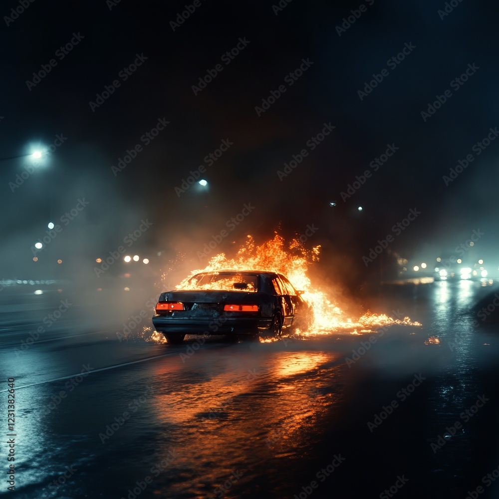 Obraz premium Dramatic nighttime car fire on wet street captured in intense urban scene.