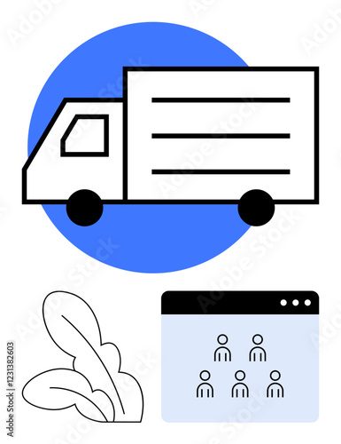 Delivery truck icon beside browser window with user icons and foliage illustration. Ideal for logistics, online teamwork, e-commerce, delivery management, technology services, remote operations