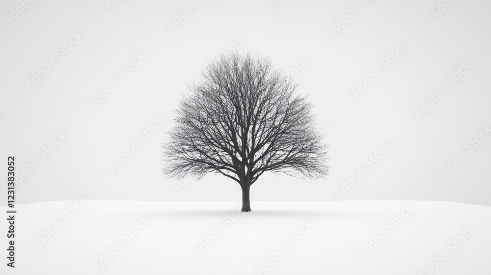 Obraz premium Lone, leafless tree on a white, minimalist background.