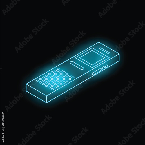 Isometric view of a digital voice recorder glowing with futuristic neon light on a dark background