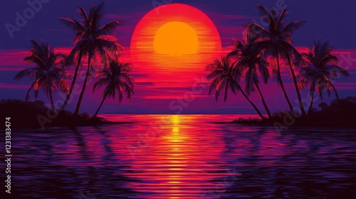 Fiery Sunset Over Silhouetted Palm Trees on a Tranquil Ocean