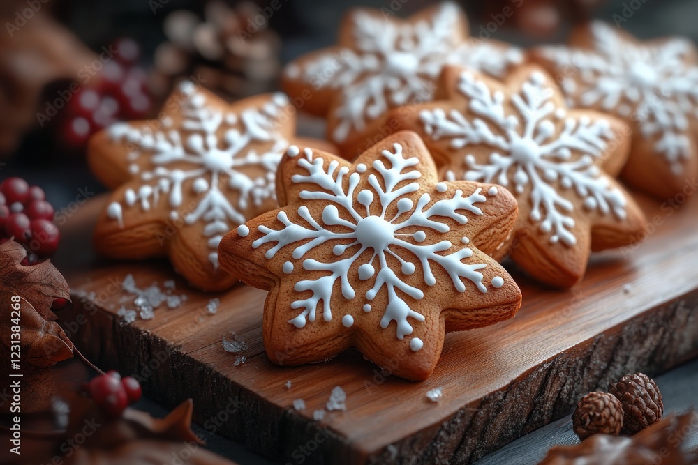Gingerbread Snowflake Cookies with Icing and Spices on Rustic Wooden Planks Gingerbread Snowflake Cookies with Icing and Spices on Rustic Wooden Planks