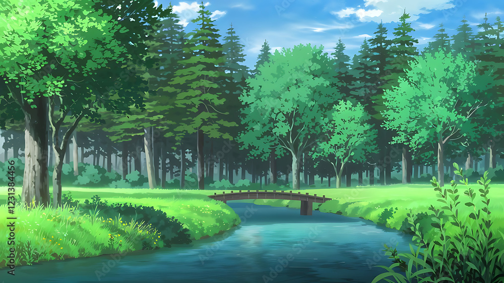 Fototapeta premium Forest with river flowing through the meadow illustration
