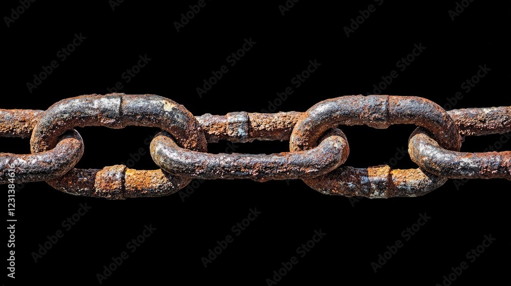 Fototapeta premium A close-up shot of a rusted, worn chain and padlock on a black background, illustrating concepts of security, defense, and the passage of time