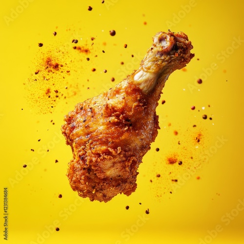 Crispy fried chicken leg in mid-air against yellow background, seasoned with spices. photo