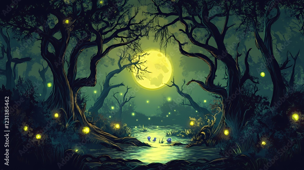 Enchanting Moonlit Forest Lake Scene With Glowing Lights Enchanting Moonlit Forest Lake Scene With Glowing Lights