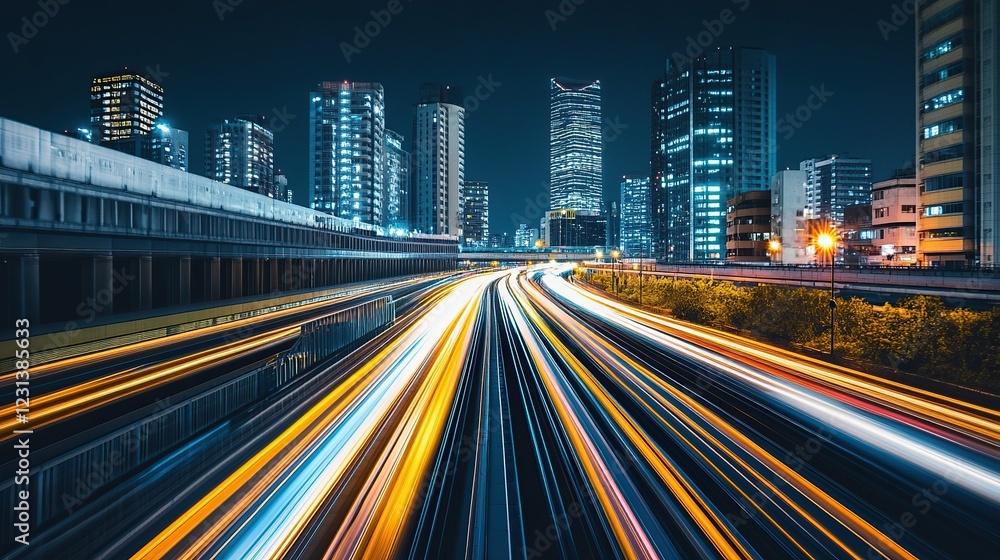 Naklejka premium Night city highway light trails, urban skyline backdrop