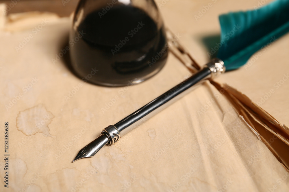 Naklejka premium Old book with nib pen and inkwell, closeup