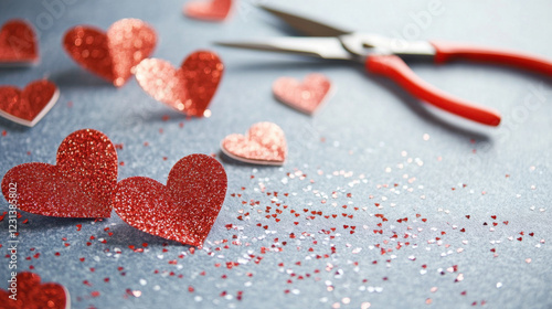 Crafting hearts for creative projects with scissors and glitter. Perfect for DIY decorations and celebrations