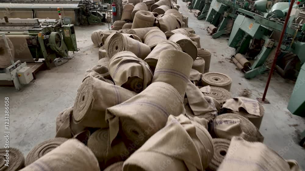 Raw Jute Fabric Rolls in a Large-Scale Textile Production Unit 4k Aerial video Raw Jute Fabric Rolls in a Large-Scale Textile Production Unit 4k Aerial video