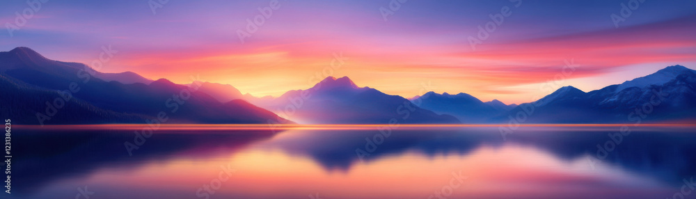 Stunning sunset reflecting over calm lake with mountains in background, creating serene and peaceful atmosphere. vibrant colors enhance beauty of nature Stunning sunset reflecting over calm lake with mountains in background, creating serene and peaceful atmosphere. vibrant colors enhance beauty of nature