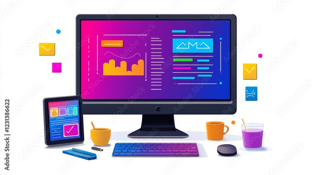 Modern Workspace with Desktop Computer, Tablet, and Data Visualization Software Modern Workspace with Desktop Computer, Tablet, and Data Visualization Software