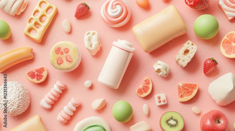 Obraz premium A colorful arrangement of various sweet treats and candies against a pink background, showcasing delightful shapes and vibrant colors.