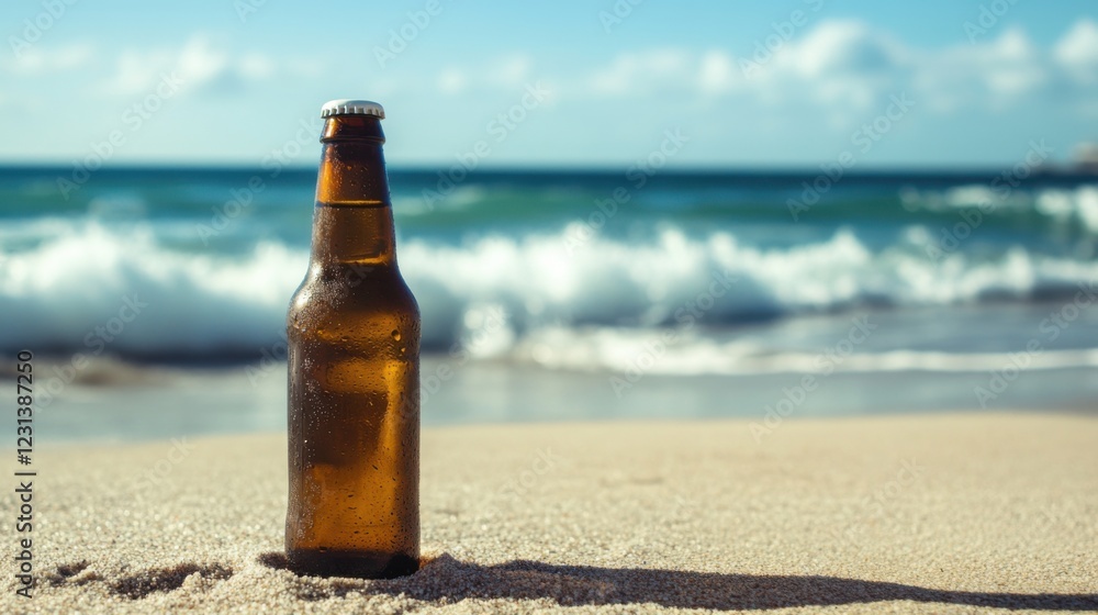 Refreshing Beer Bottle on Sandy Beach with Ocean Waves in Background Refreshing Beer Bottle on Sandy Beach with Ocean Waves in Background