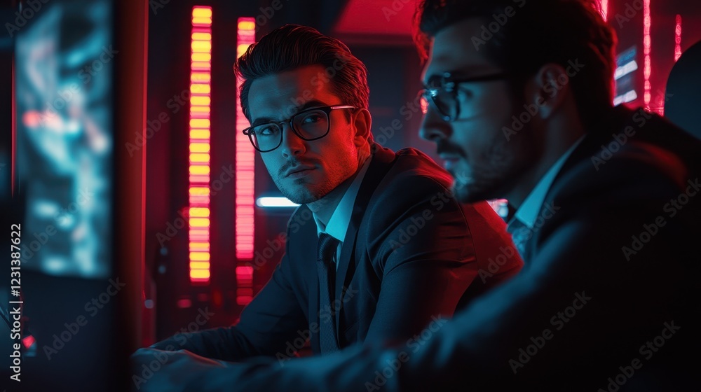 Obraz premium Two men in suits focus intently while analyzing data in a dimly lit room filled with colorful lights