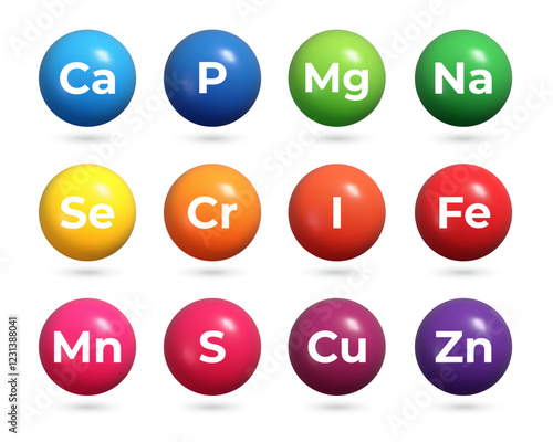 Mineral complex. Set of realistic 3d glossy balls with Mineral nutrition symbol. Vector healthy food supplement icons
