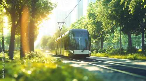 A modern electric tram moving through a green urban park, symbolizing clean public transport