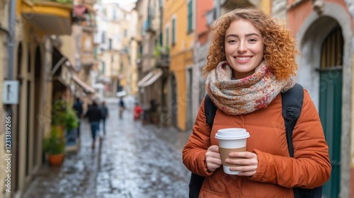 Fototapeta Naklejka Na Ścianę i Meble -  Tourist young girl enjoying a coffee while walking down a narrow street in italy