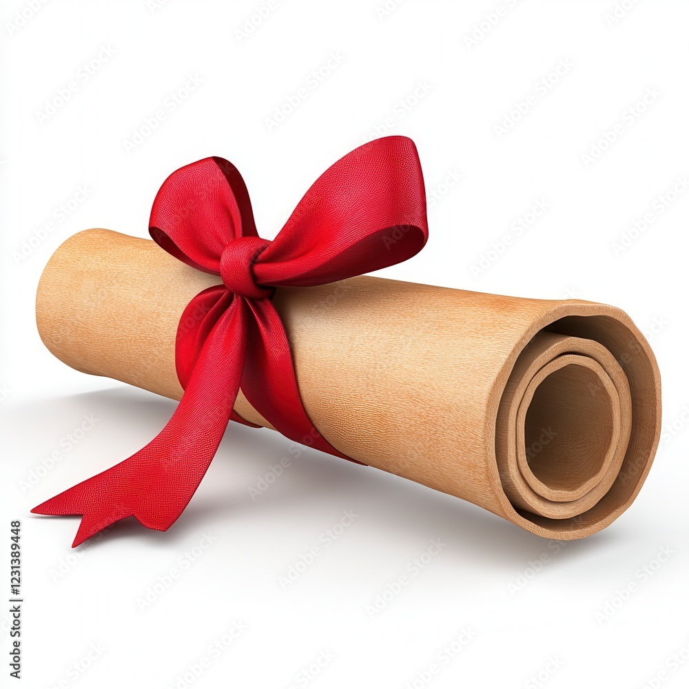Rolled Beige Parchment with Red Ribbon Bow on White Background Rolled Beige Parchment with Red Ribbon Bow on White Background