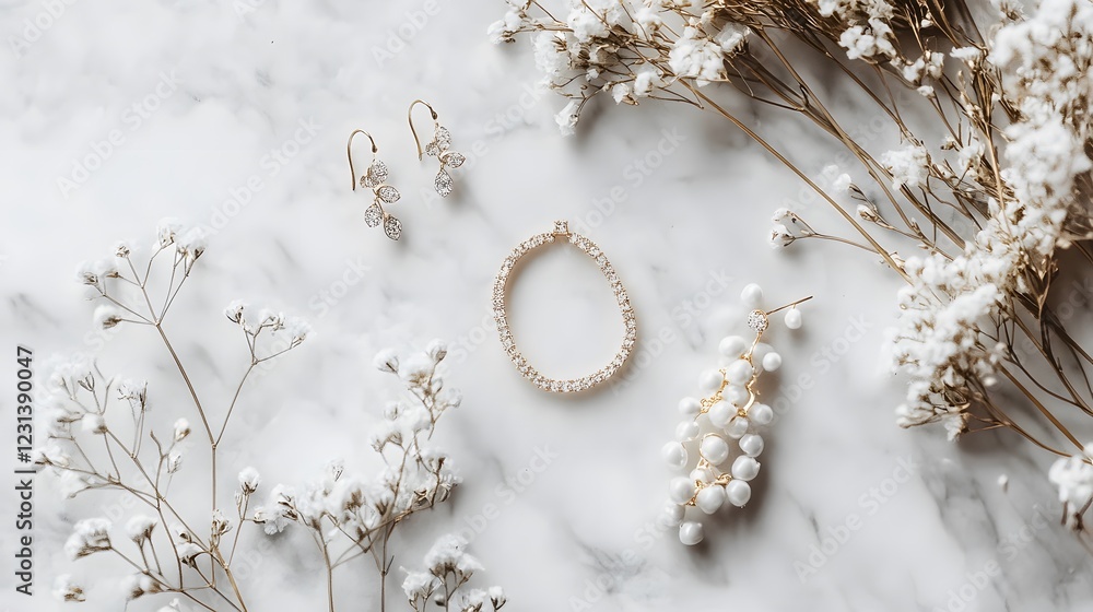 Elegant Jewelry Arrangement with Flowers on Marble Surface Elegant Jewelry Arrangement with Flowers on Marble Surface