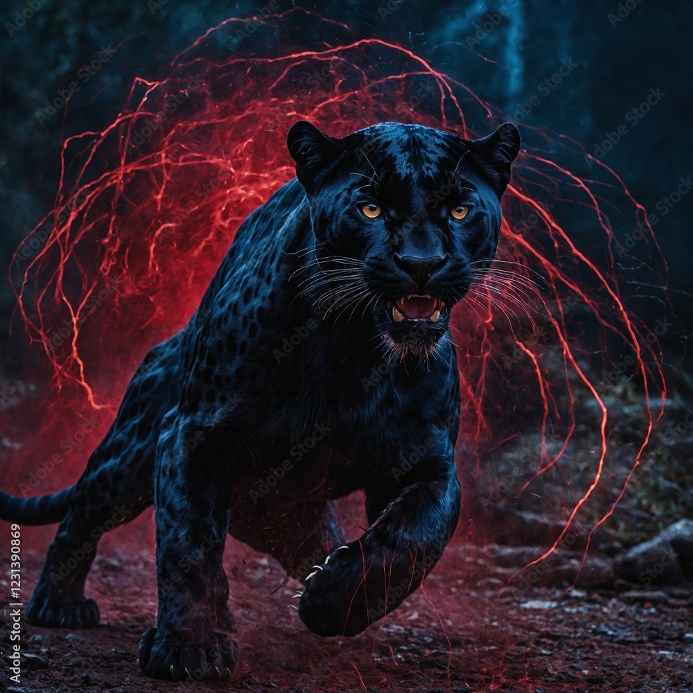 A black panther lunging forward, surrounded by streaks of energy that match the deep crimson-to-midnight blue theme.