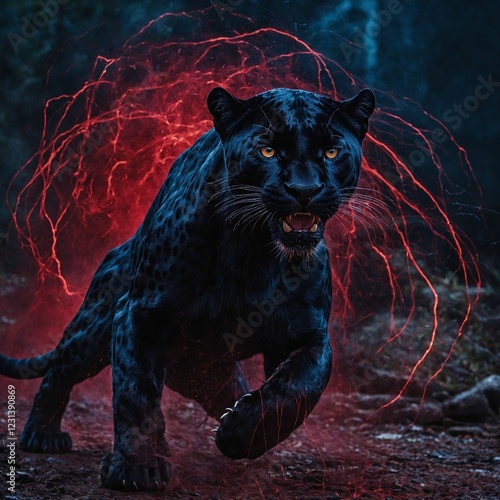 Obraz na płótnie A black panther lunging forward, surrounded by streaks of energy that match the deep crimson-to-midnight blue theme. w salonie