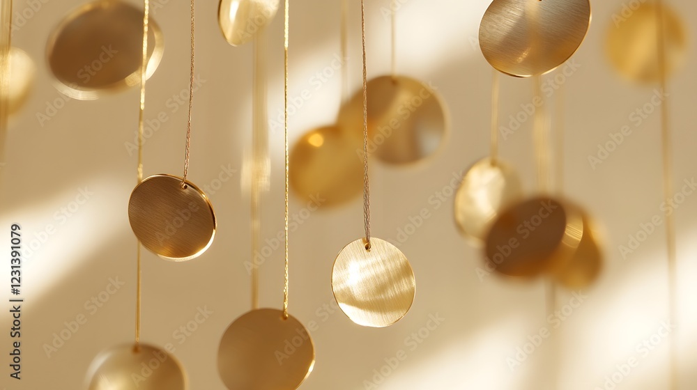 Obraz premium Golden Circular Discs Hanging Elegantly in Soft Natural Lighting
