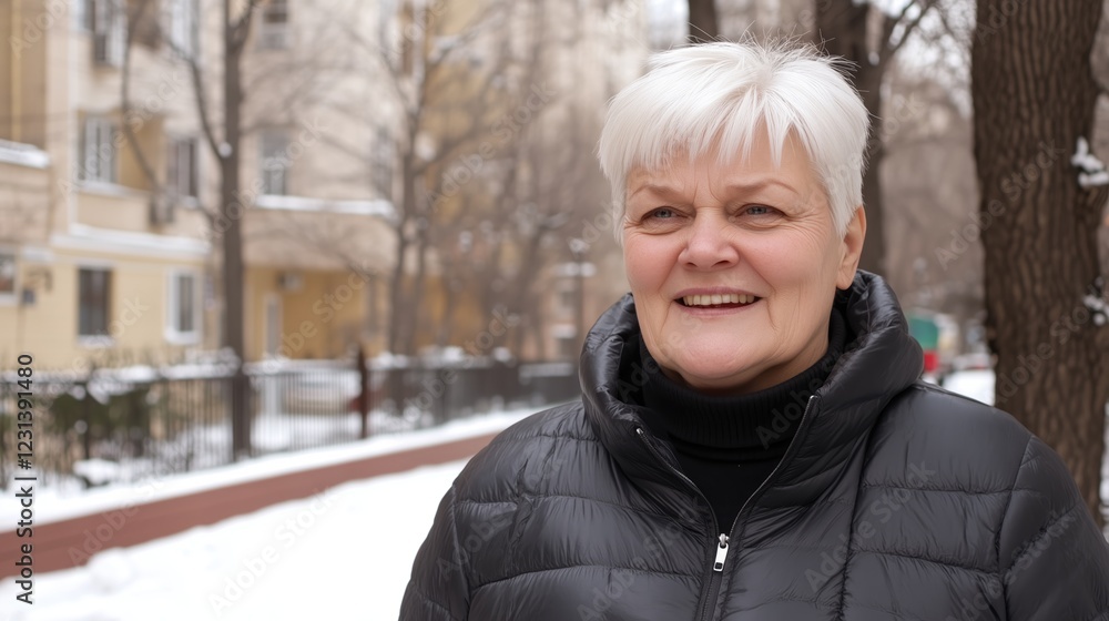 A smiling Russian woman in her fifties with short white hair stands on the street of Moscow. Retiree. Elder A smiling Russian woman in her fifties with short white hair stands on the street of Moscow. Retiree. Elder