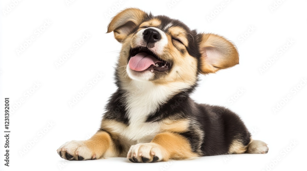 cute puppy with a tongue sticking out. The puppy is sitting on a white background. The puppy has a happy expression on its face. cute puppy with a tongue sticking out. The puppy is sitting on a white background. The puppy has a happy expression on its face.
