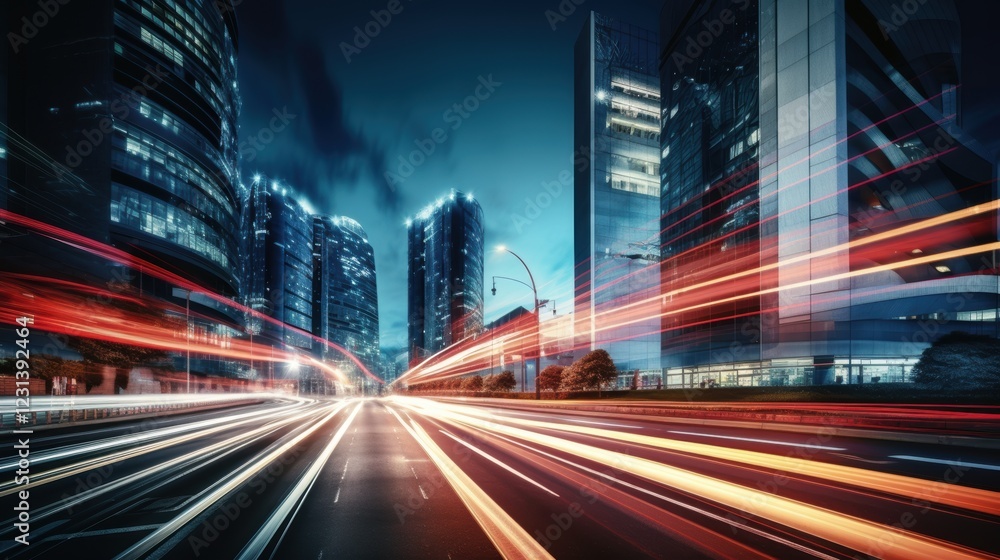 Fototapeta premium Light trails on the modern building background. Light trails at night in urban environment, Abstract Motion Blur City, traffic, transportation, street, road, speed