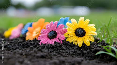 Colorful flowers planted in soil, blurred park background, gardening concept