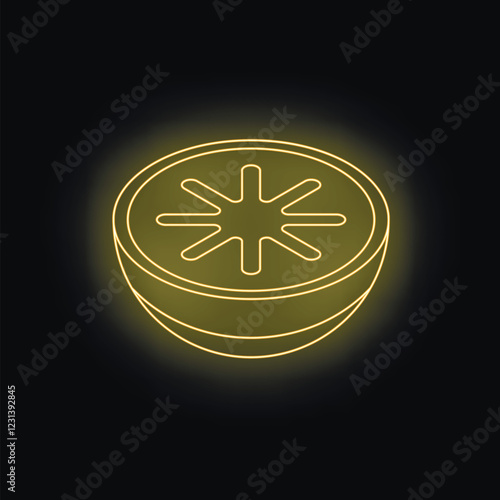 Neon sign of a carambola fruit slice glowing on a dark background, representing healthy food and tropical flavors