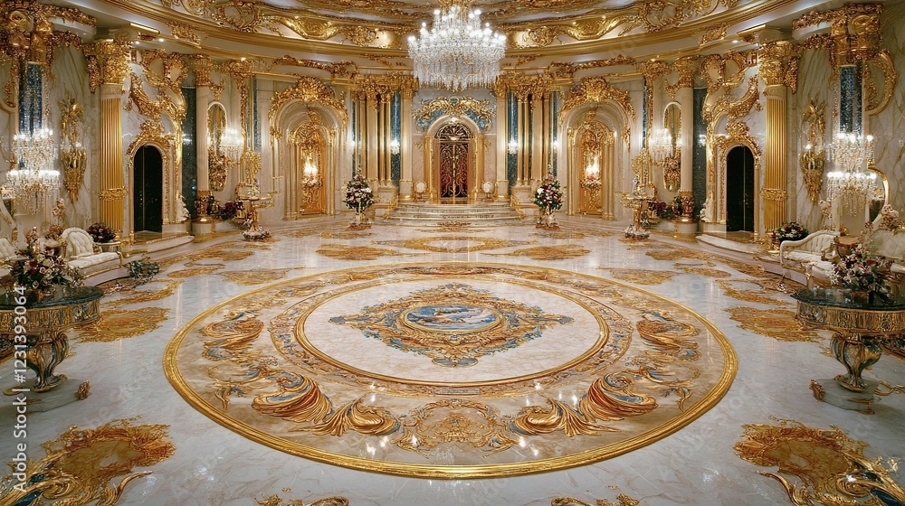 Obraz premium Opulent Palace Ballroom, Interior Design, Gold Decor, Marble Floor, Royal Setting, Event Venue