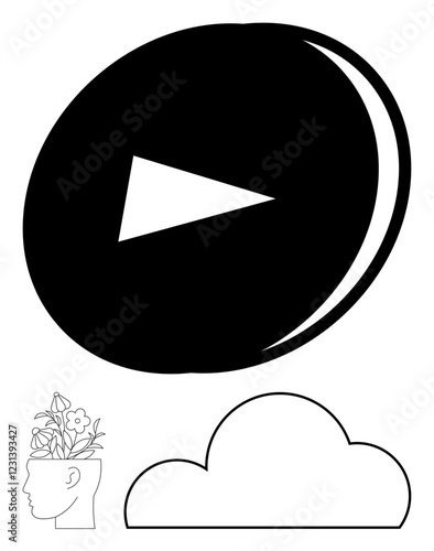 Black play button in a circle, human head with blooming flowers, outline of a cloud. Ideal for creativity, communication, learning, streaming, mental health digital content abstract thoughts. Line