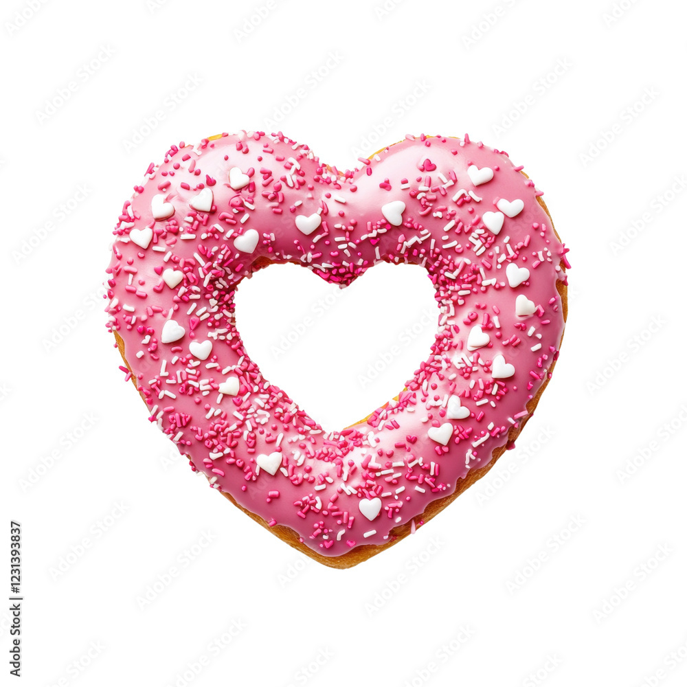 Heart-shaped pink donut with sprinkles Heart-shaped pink donut with sprinkles