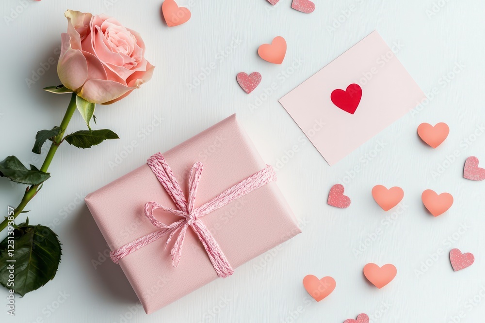 Soft and simple flat lay of a pink-wrapped gift, heart confetti, a Valentines card, and a single rose, all set on a clean white backdrop. Soft and simple flat lay of a pink-wrapped gift, heart confetti, a Valentines card, and a single rose, all set on a clean white backdrop.