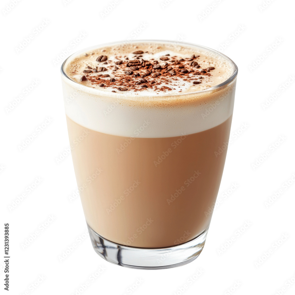 Creamy coffee beverage topped with cocoa and coffee beans Creamy coffee beverage topped with cocoa and coffee beans
