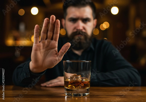 Close-Up of a Man Stopping with Whiskey Glass: A detailed image capturing a man with a whiskey glass, raising his hand to signal stopping or pausing, highlighting his serious expression. photo